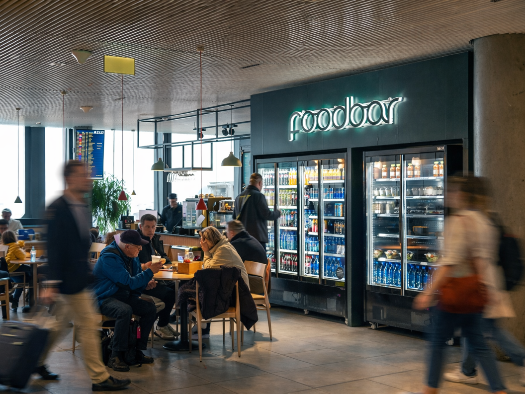 Fargerik salat med kylling, tomatar, og grønnsaker på ein trefjøl, med flaske med vatn og glas i bakgrunnen