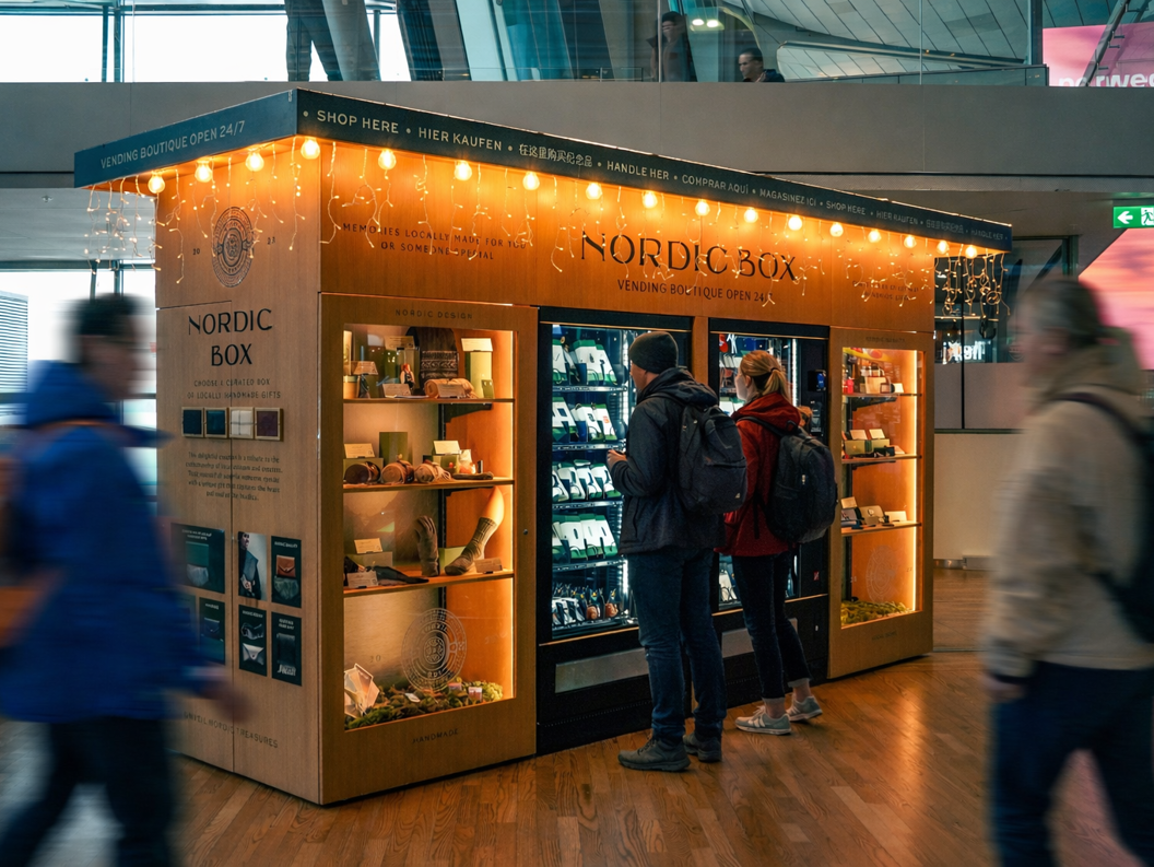 Nordic Box-automatsalg med opplyste hyller og automater som viser frem lokalt håndlagde gaver, plassert i et moderne innemiljø