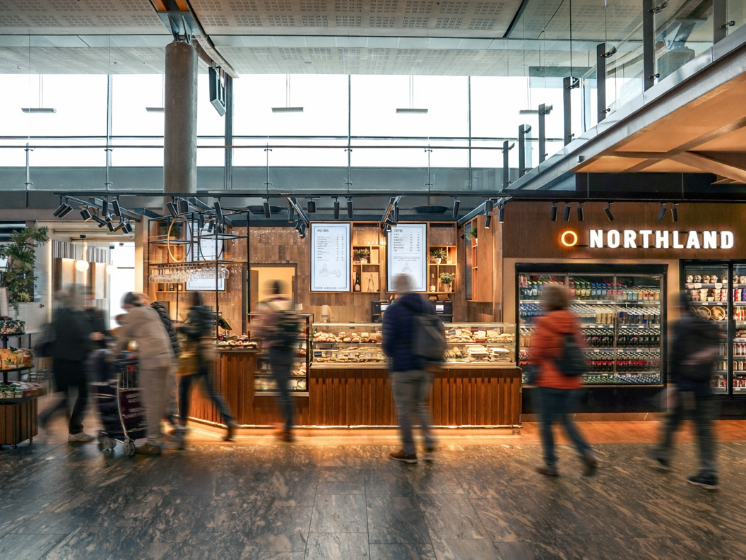 Moderne flyplasskiosk med kunder som ser på drikkevarer og snacks på Northland, med lyst interiør og et utvalg av mat og drikkevarer utstilt