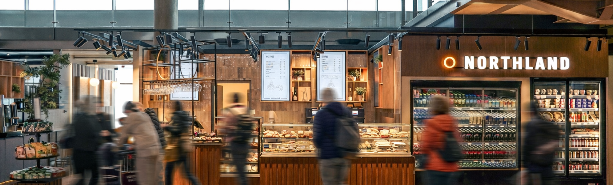 Modern airport convenience store with customers browsing drinks and snacks at Northland, featuring bright interior and a variety of food and beverages on display