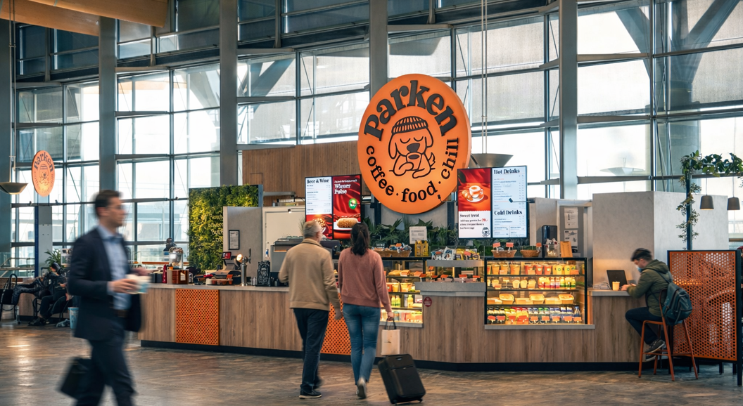 Modern airport café with large glass windows, featuring orange signage and abundant seating, offering a variety of food and beverages