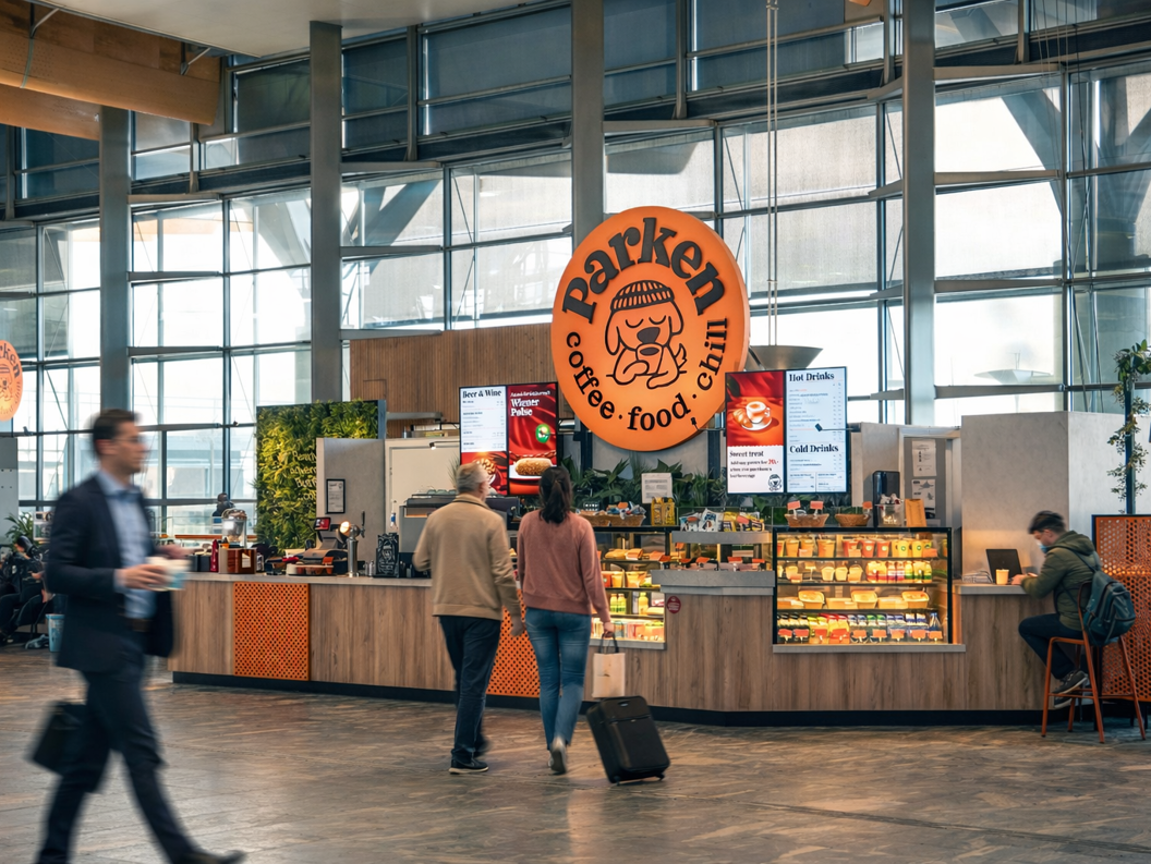 Moderne flyplasskafé med store glassvinduer, med oransje skilt og rikelig med sitteplasser, tilbyr et utvalg av mat og drikke