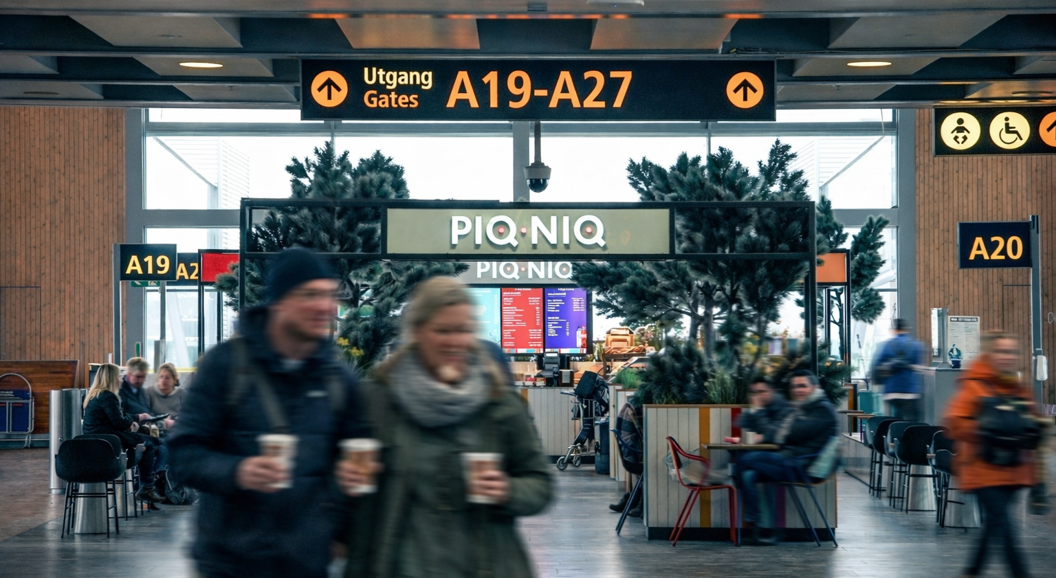Colorful modern café interior with the sign "PIQNIO" and vibrant stools, a close-up of a coffee grinder and cups, fresh pastries and sandwiches, and decorative plants enhancing the inviting atmosphere