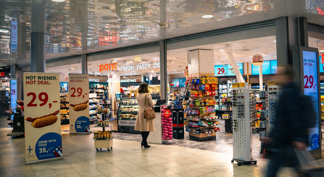 Butikkskilt med fete røde bokstaver som leser "Point" og hvite bokstaver som sier "Fresh. Tasty. Go." i et moderne design, som fremhever mat og bekvemmelighet