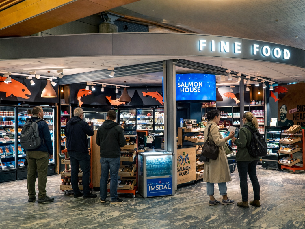 Logo for Salmon House med to stiliserte fisk omgitt av grønne blader og bær, med teksten "Salmon House" under i fete blå bokstaver