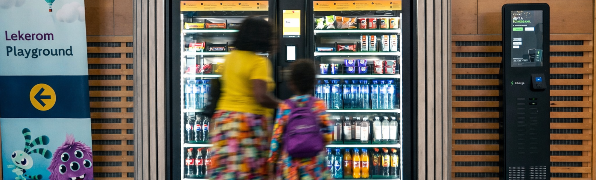 Vending machine stocked with assorted snacks and candy, including chocolate bars and chips, with illuminated keypad