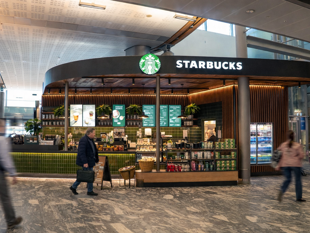 To personer ler og drikker kaffe ved et bord på en kafé. En kvinne har en grønn genser og en mann har en hvit t-skjorte. En Starbucks-logo vises på koppen