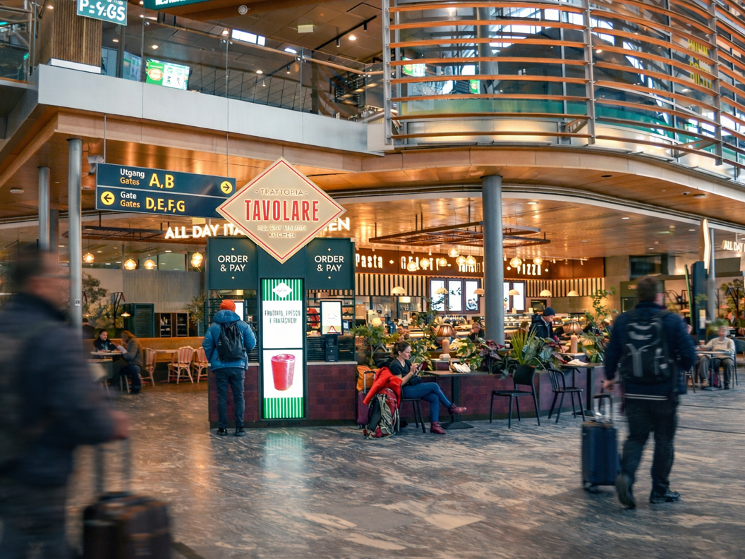 Bar staff working behind a modern bar counter, smiling and organizing drinks, with a stylish interior featuring hanging lamps and word art on the walls
