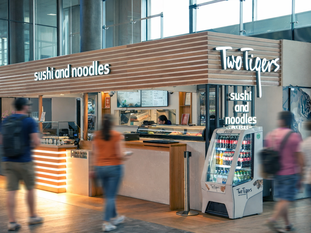 Assorterte sushifat i take-away beholdere med fersk nigiri og ruller, vist på en trebenk i en sushi restaurant