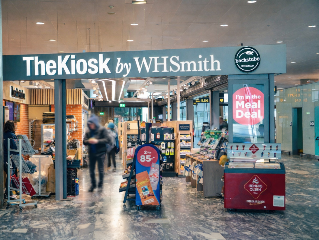 Modern WHSmith kiosk in an airport offering convenience items, snacks, and beverages under vibrant lighting