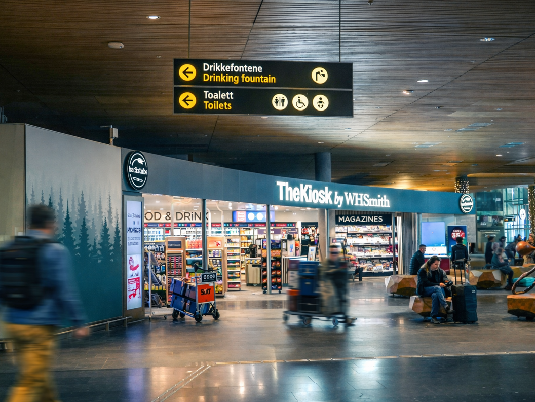 The Kiosk by WHSmith, displaying a variety of snacks, beverages, and essentials in a modern retail setting, with clear signage and accessible self-service options