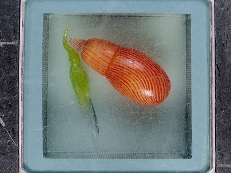 Glasskunst med grønnsaksmotiv på display i glassramme, grønn chili og rød gulrot