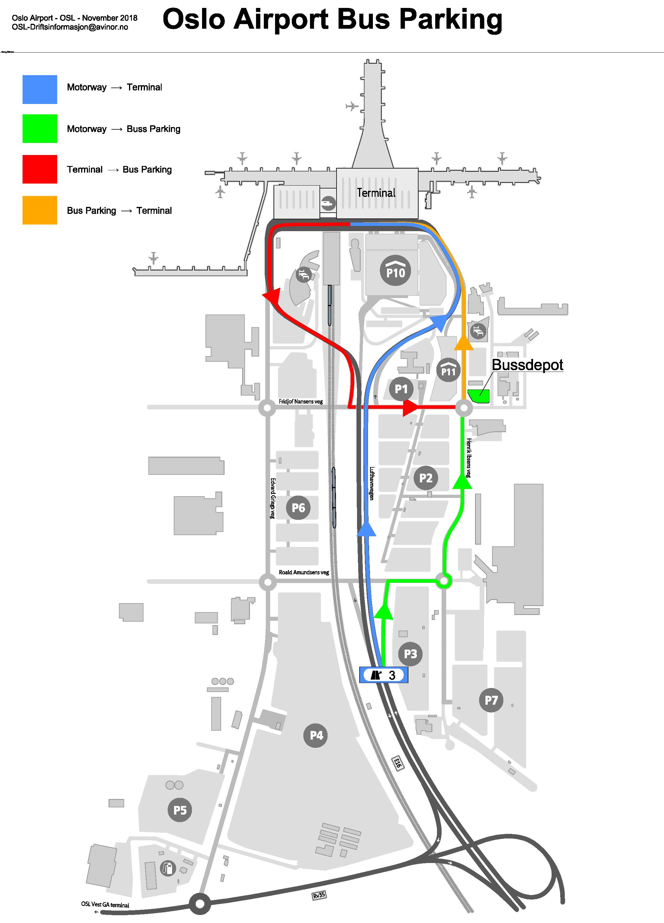 Kart over Oslo Lufthavn bussparkering og ruter i november 2018, som fremhever veier fra motorvei til terminal, motorvei til bussparkering, terminal til bussparkering, og bussparkering til terminal i forskjellige farger