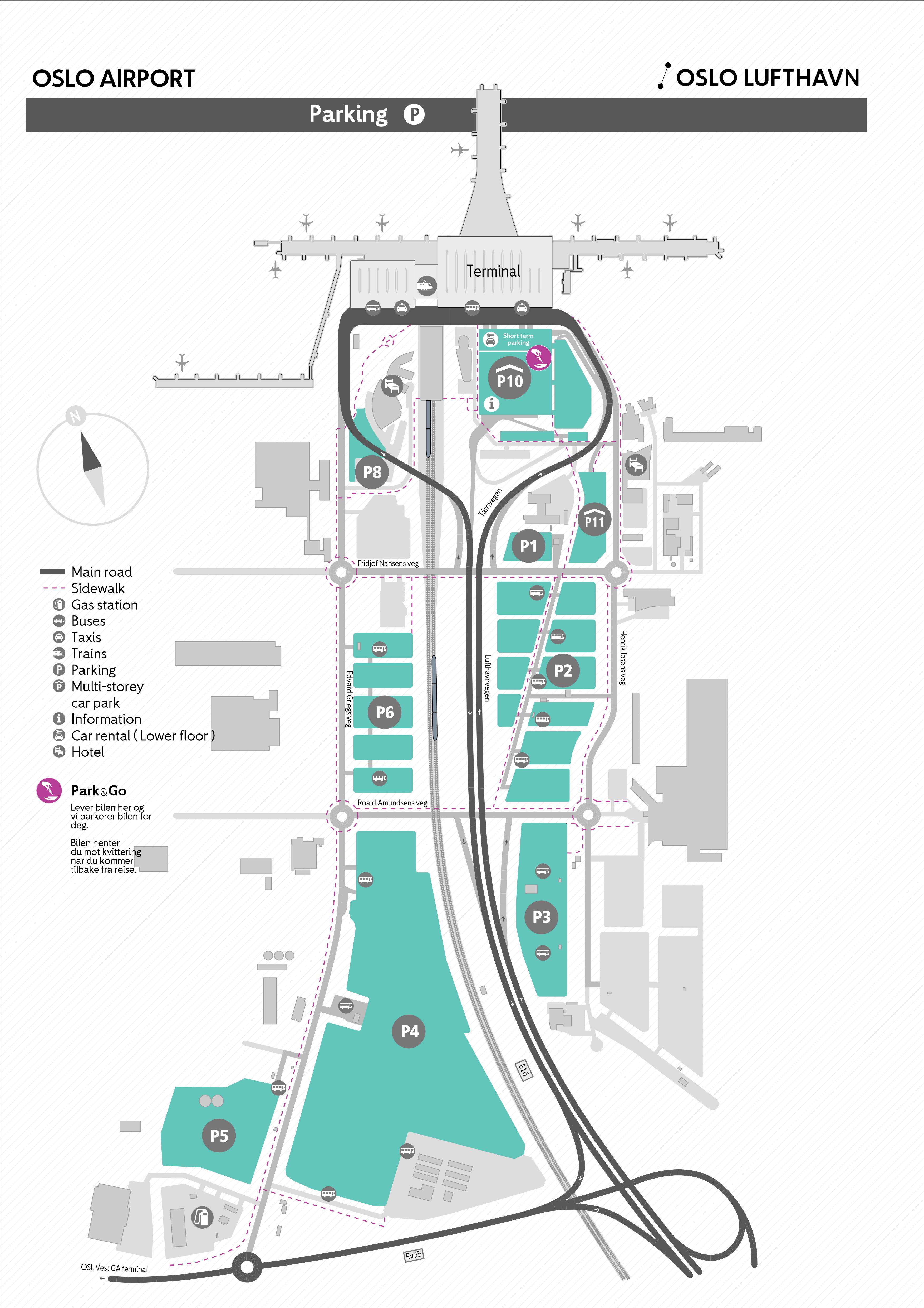Teikna kart over alle parkeringsområda på Oslo lufthamn