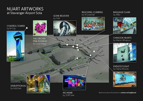 kart over hvor alle kunstverkene på stavanger lufthavn befinner seg'