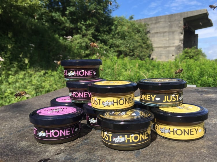 Several jars of "Just Honey" honey in a natural outdoor environment with bees flying around, green grass, and a large concrete building in the background.