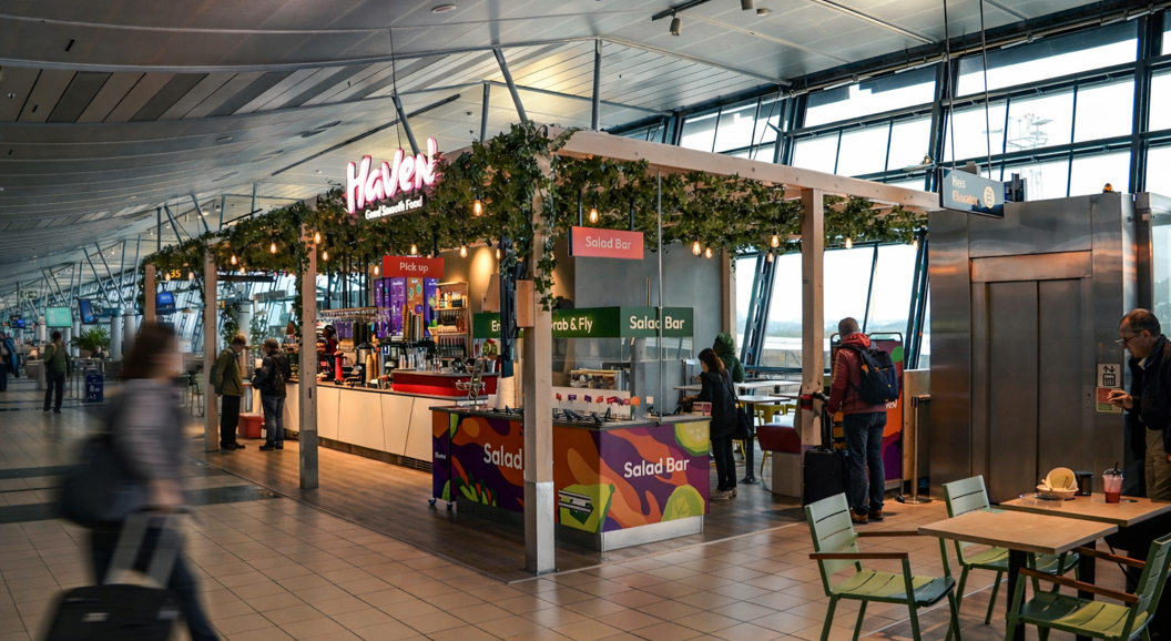 Sunn frokostbolle med skivet kiwi, bringebær, kokosflak og hakkede nøtter på en lys granittbakgrunn