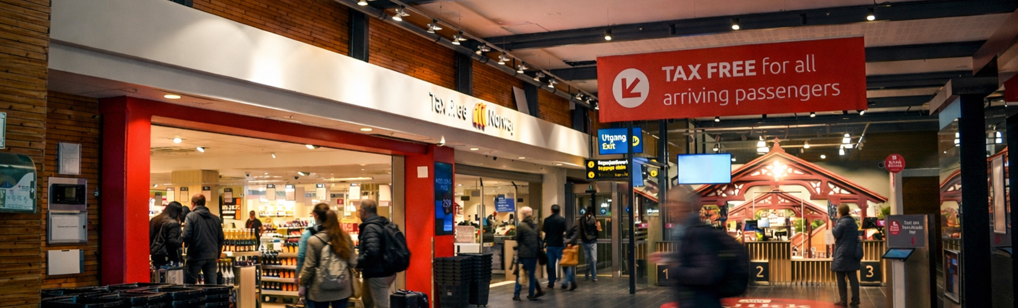 Airport terminal exit area with tax-free arriving passengers signs, travelers, and a duty-free shop interior