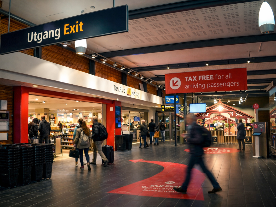 Kvinne i gul genser tester parfyme i en butikk, holder en duftstripe og snakker med en ansatt