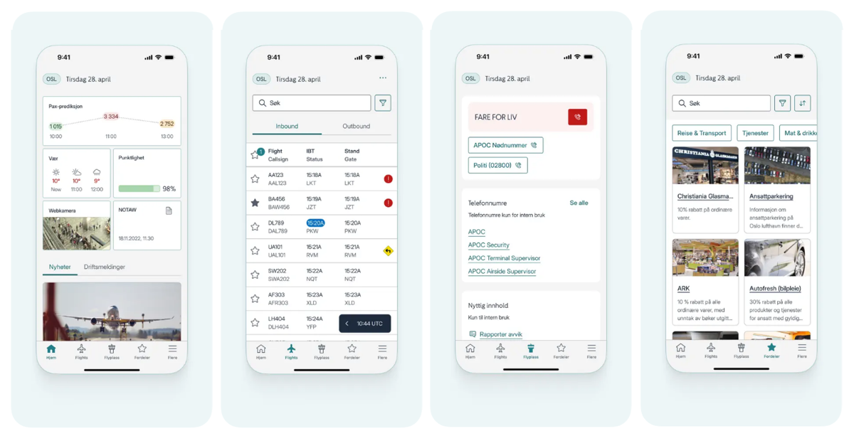 Skjermbilder fra Avinor Community app
