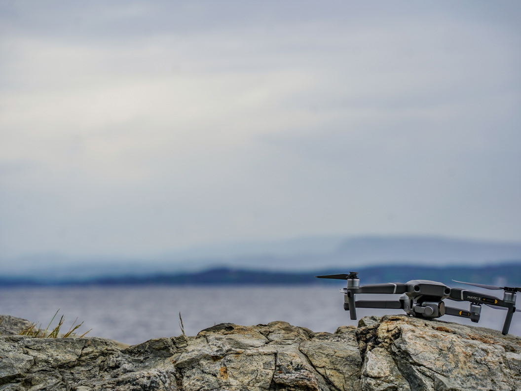 Drone på stein ved vannkanten med rolig fjellandskap i bakgrunnen