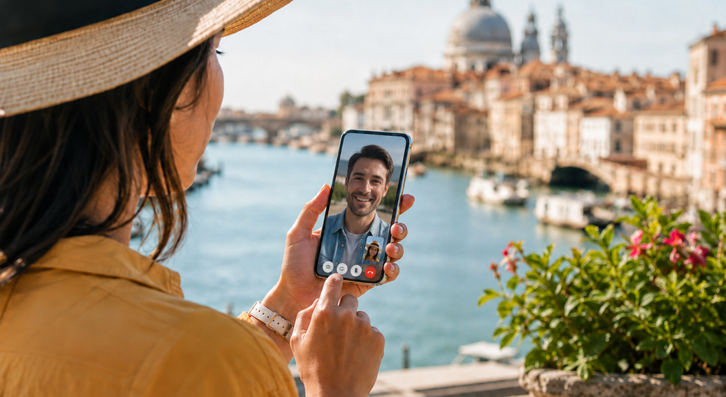 Woman using a smartphone with eSIM service while sightseeing in Venice, Italy, overlooking the Grand Canal and historic skyline