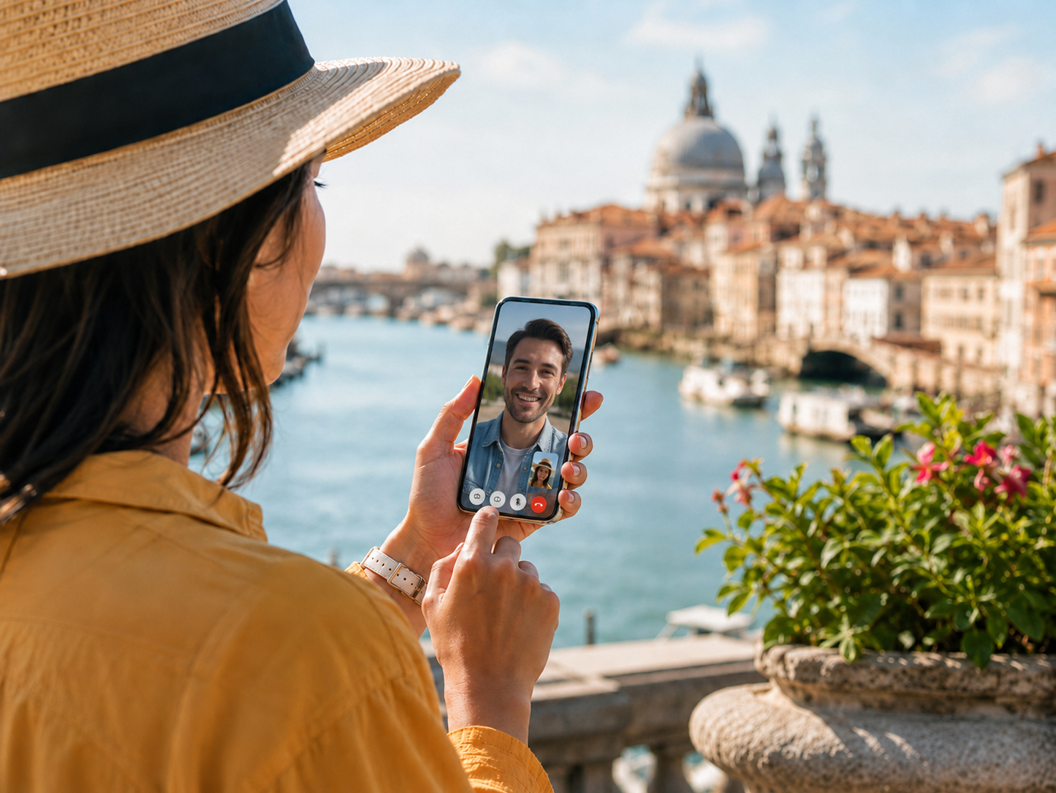 Woman using a smartphone with eSIM service while sightseeing in Venice, Italy, overlooking the Grand Canal and historic skyline